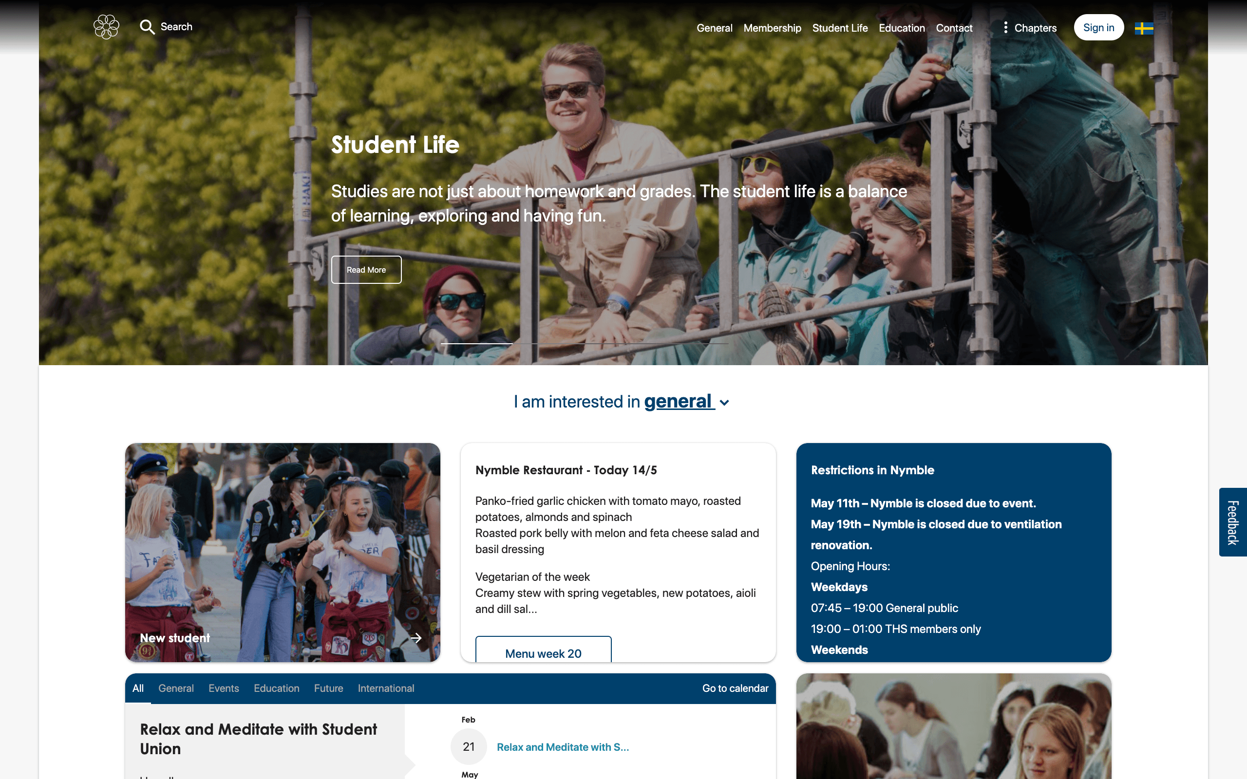 Screenshot of a website with students participating in campus activities and interacting with each other.