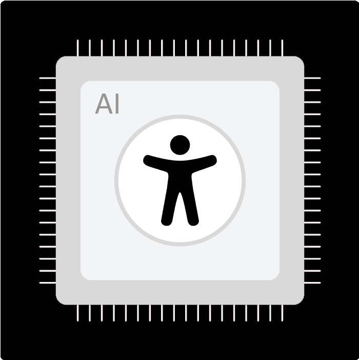 A microchip featuring the letters "AI" and a stylized human figure at its center.