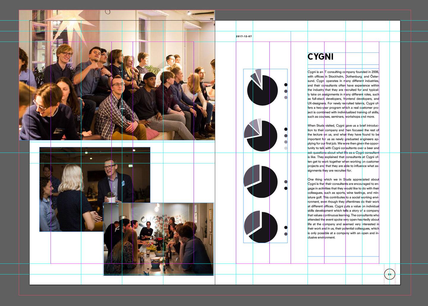 Layout of a print material featuring images of people in a conference setting and text sections with charts.