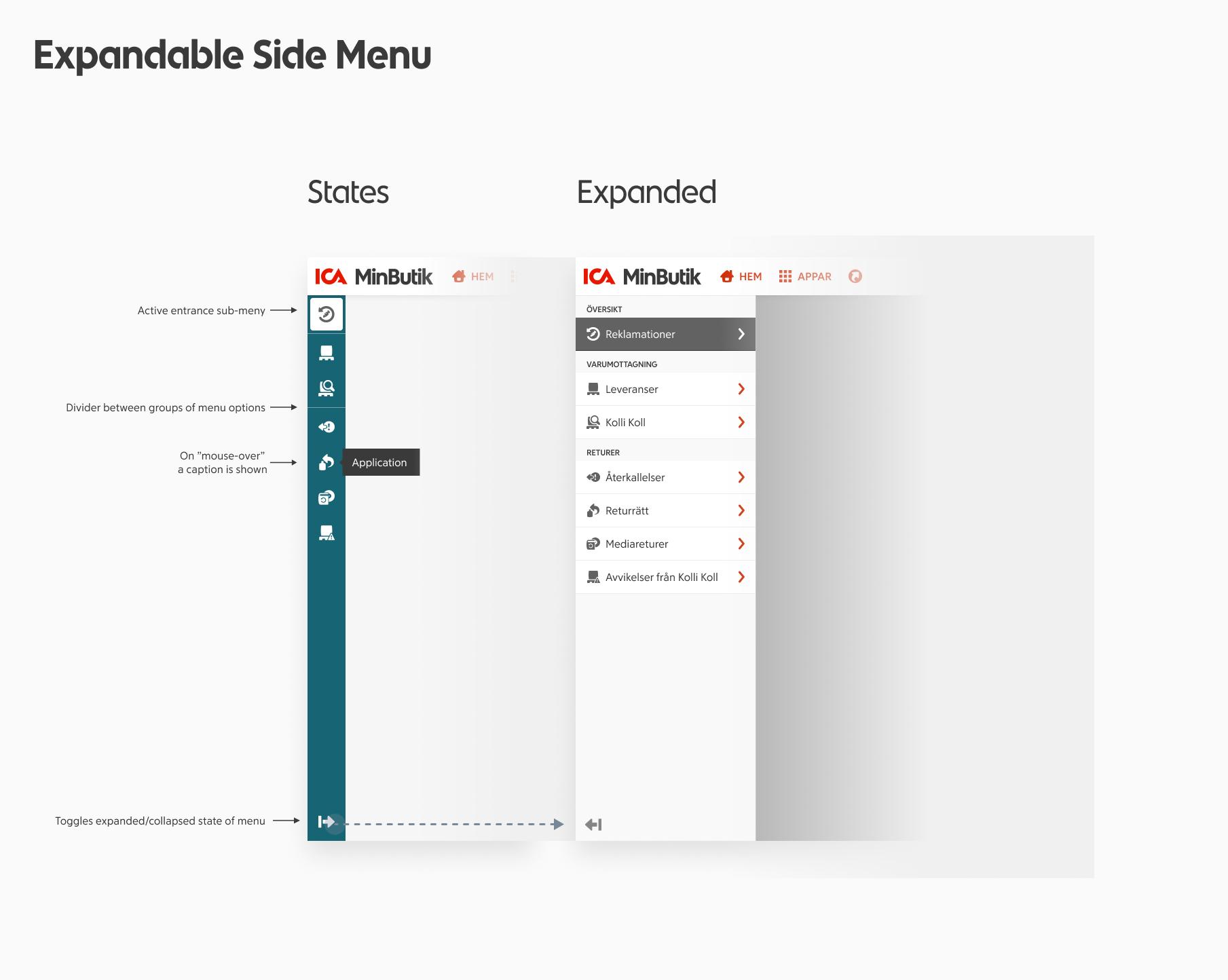 Illustration of an expandable side menu in two states, collapsed and expanded, showing navigation elements for a web application.