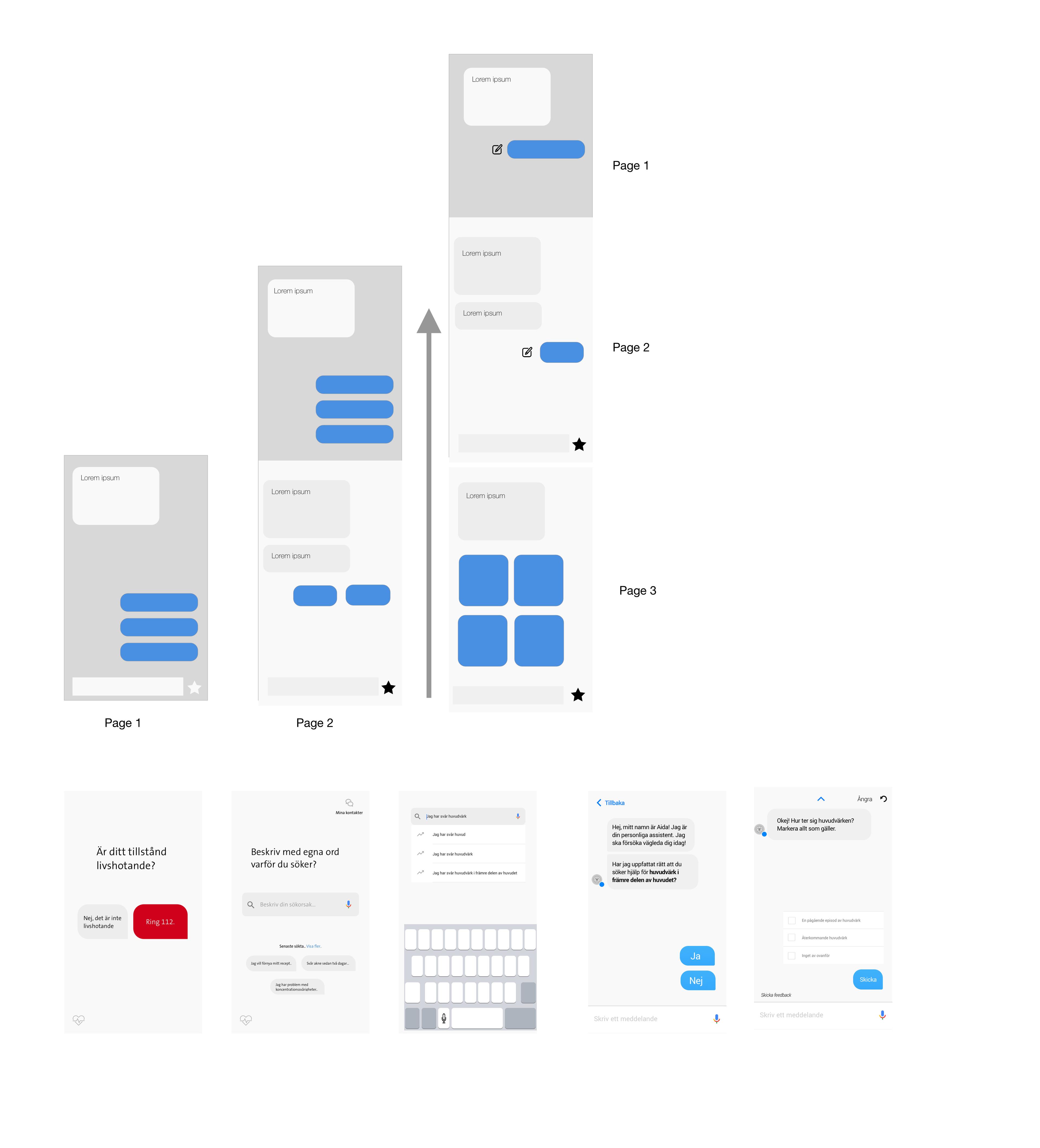 Illustration of a user interface design process with various sketches and layouts for a mobile application.