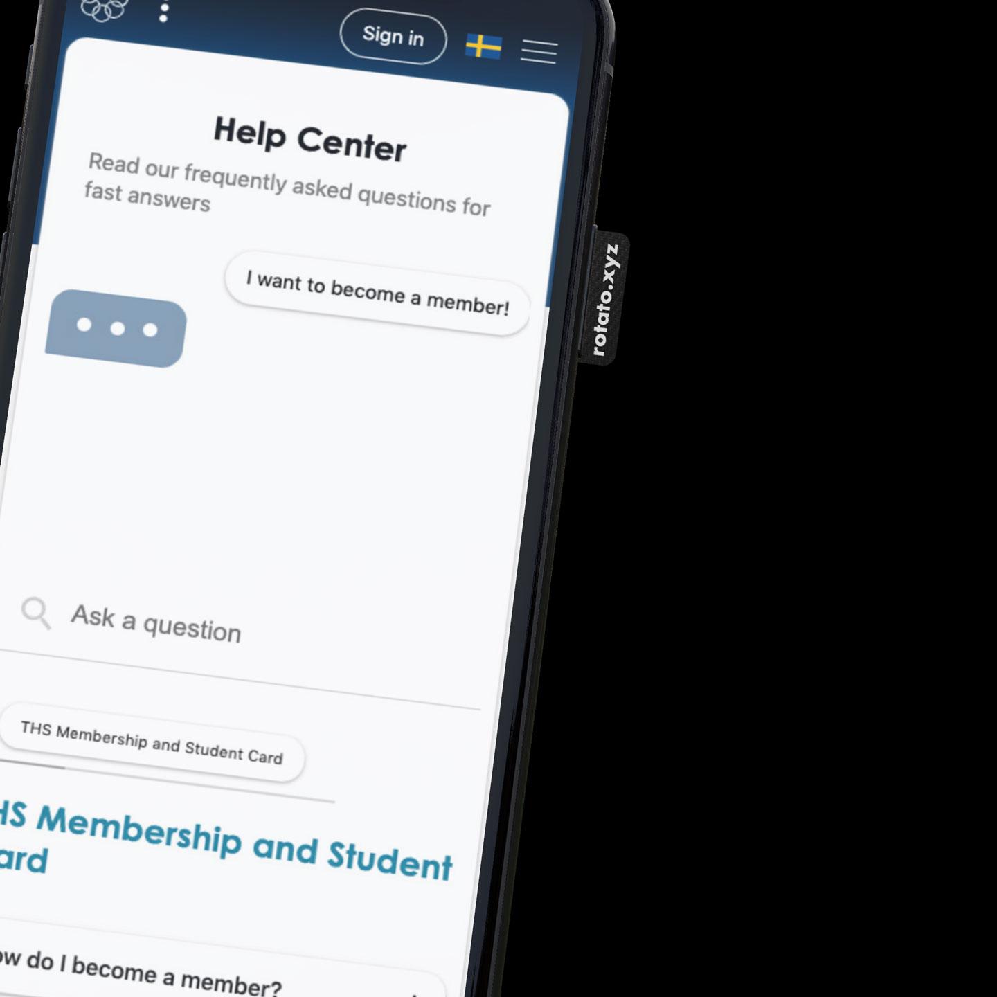 Smartphone displaying THS help center page with options for frequently asked questions and customer support.