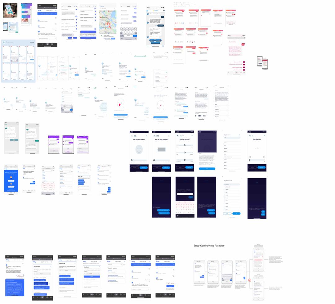 An overview image of a user interface design process with multiple screenshots of various design stages and layouts.
