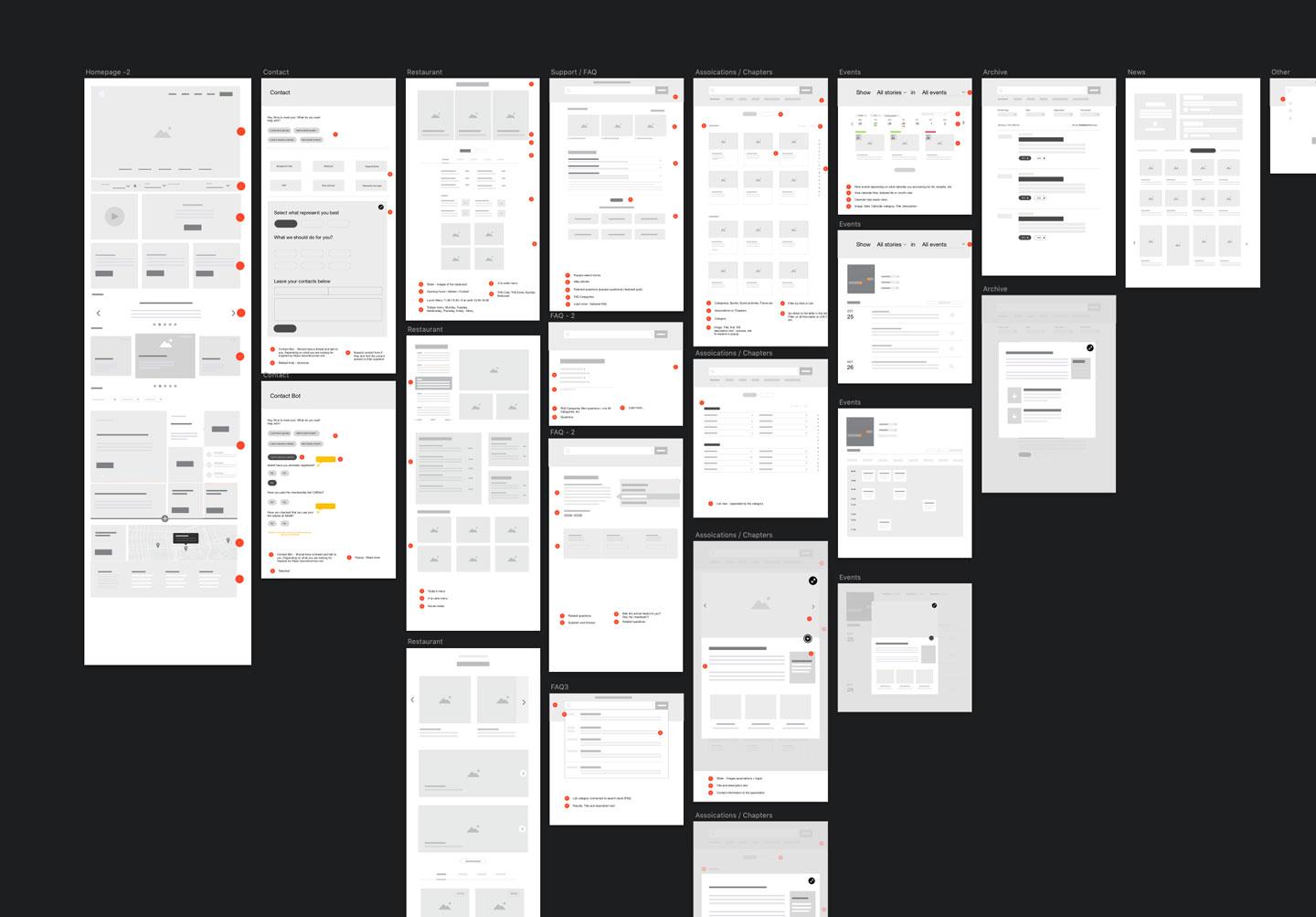 A collection of user interface designs for a mobile application, arranged in a grid against a dark background.