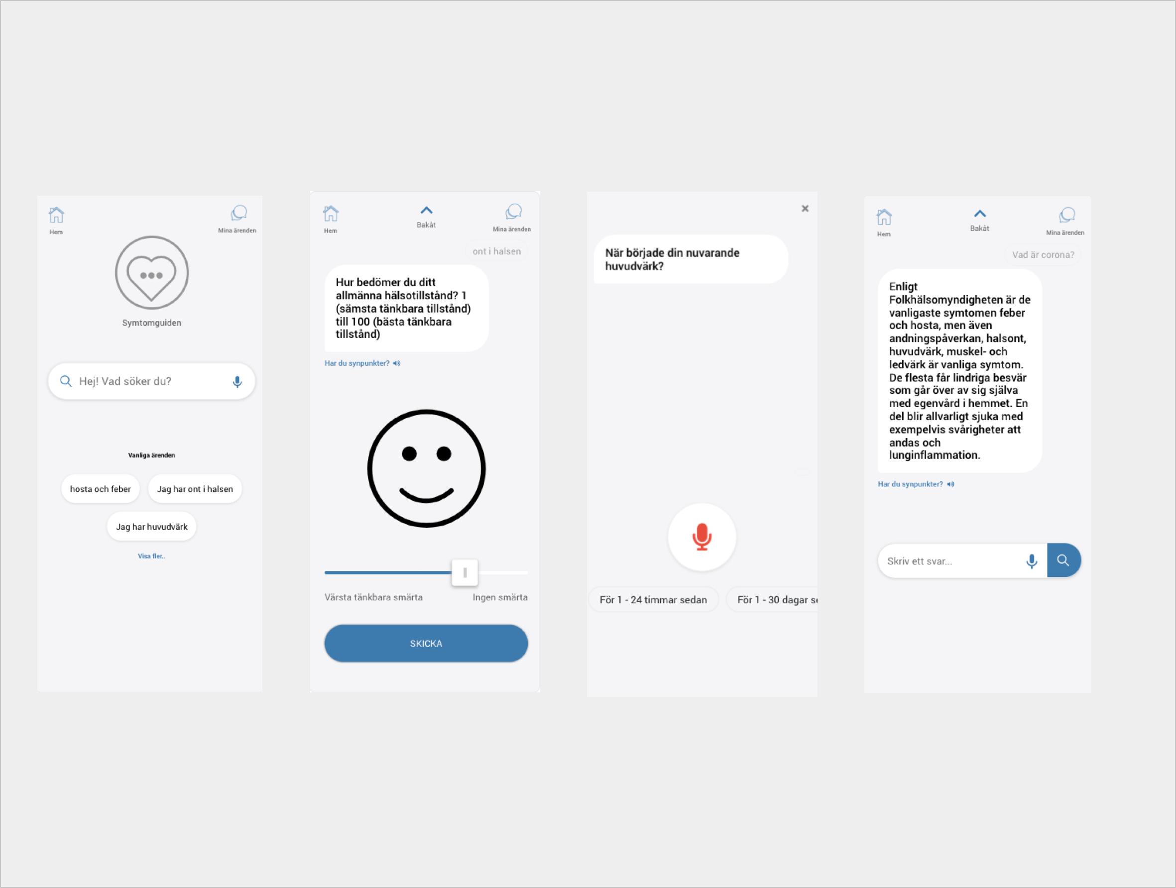 Illustration of a mobile app with four different screenshots showing the user interface including a welcome screen, emotion meter, chat bubbles, and feedback form.