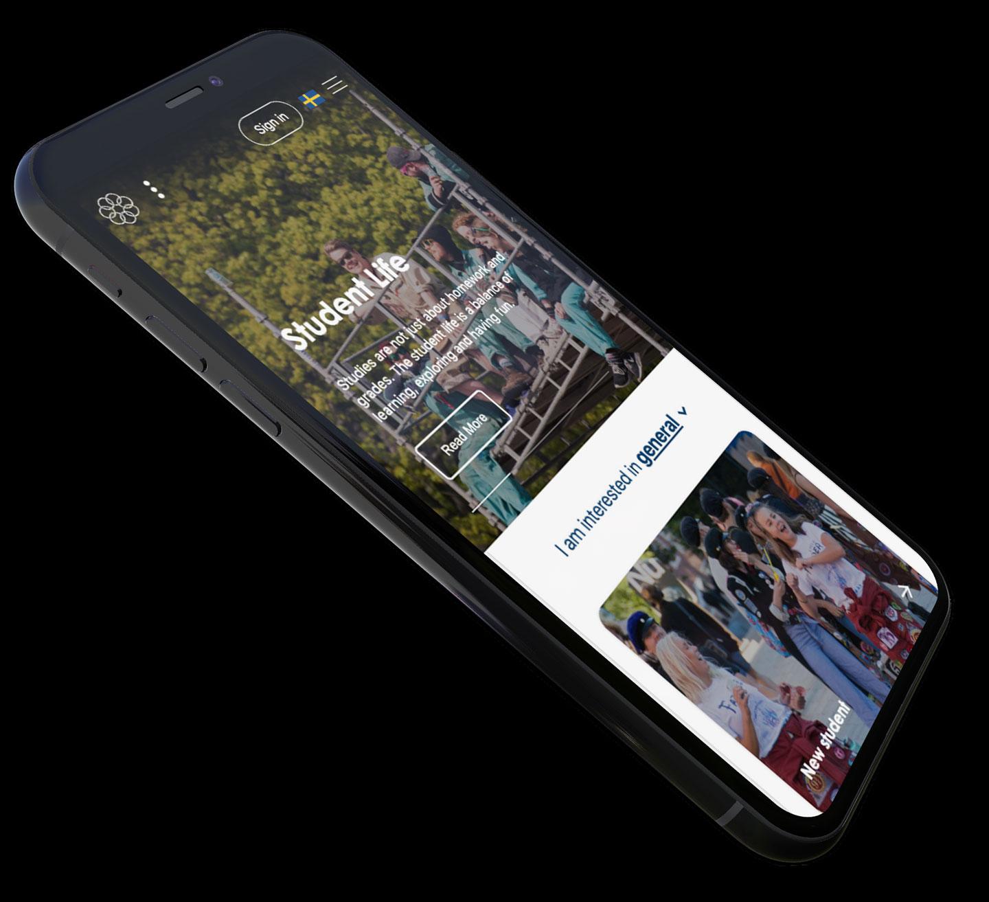 Smartphone displaying THS website with pictures of students and the text "Student Life".