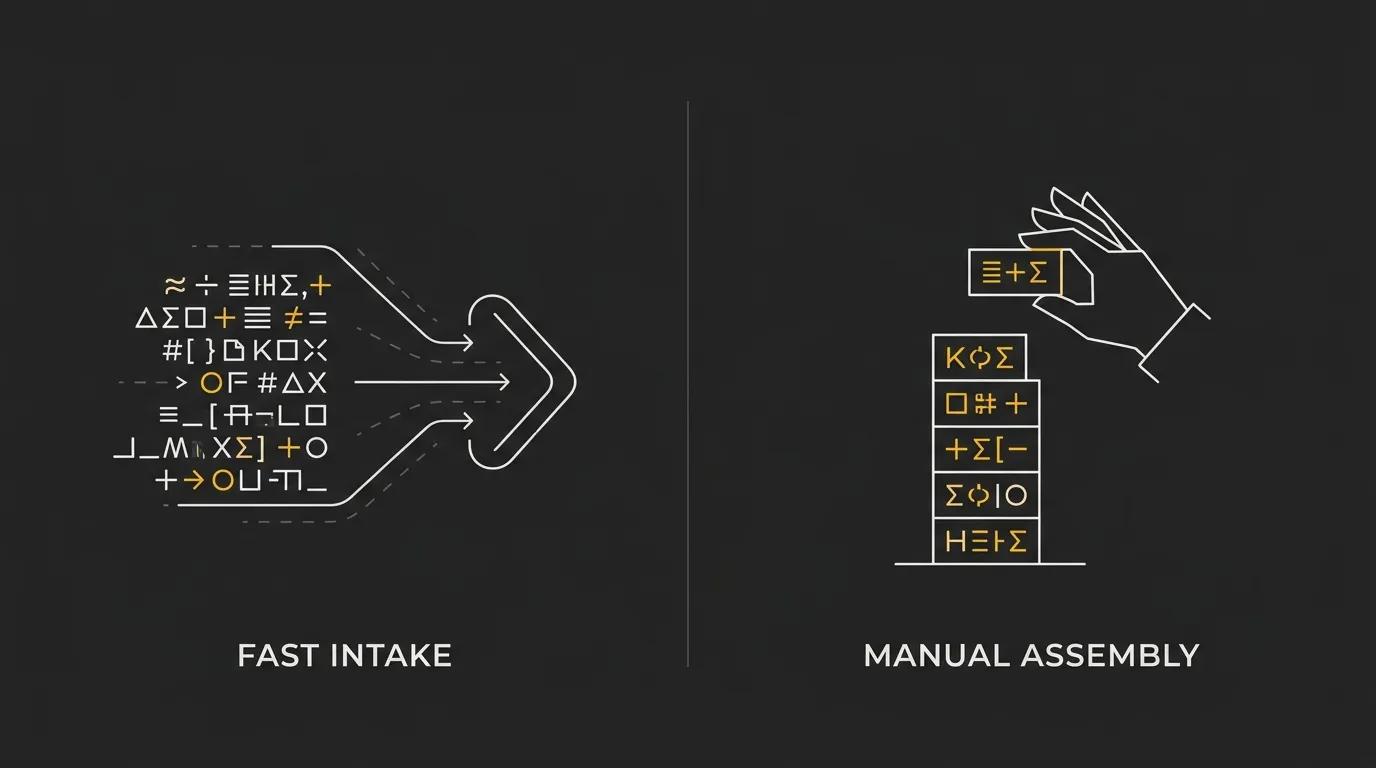 Graphic showing two processes: on the left, a flowchart symbolizing "Fast Intake" with arrows and symbols; on the right, an illustration of a hand stacking blocks labeled "Manual Assembly."