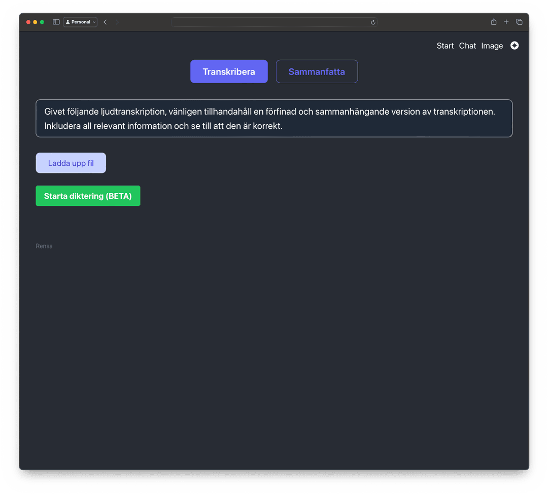 Screenshot of a user interface with buttons for transcription and summarization, and a prompt to upload a file.
